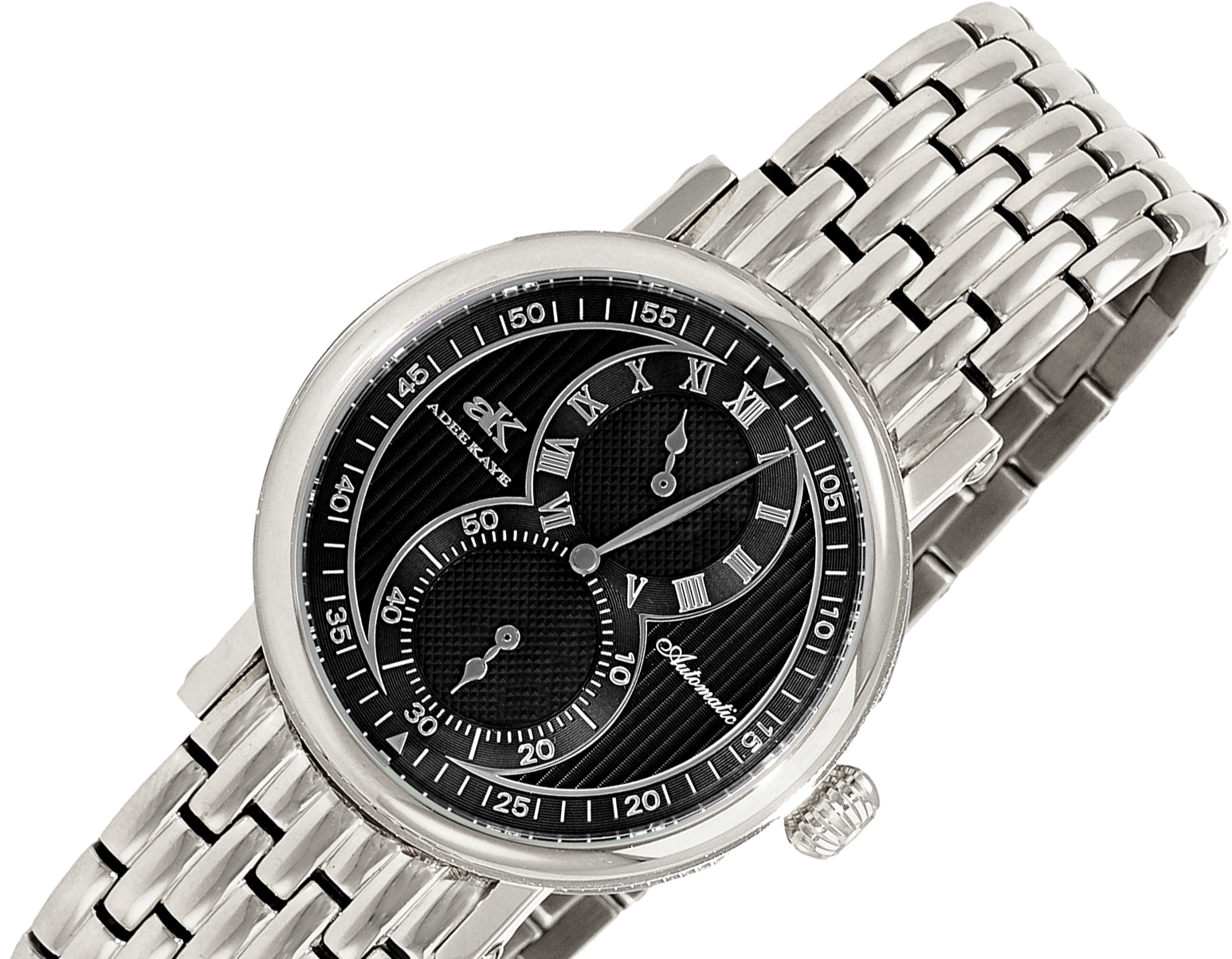 Adee Kaye Men's Automatic Regulator (20 jewels TY2708) , Exhibition back. Silver tone , Black Dial. Retail at (MSRP: $650.00)