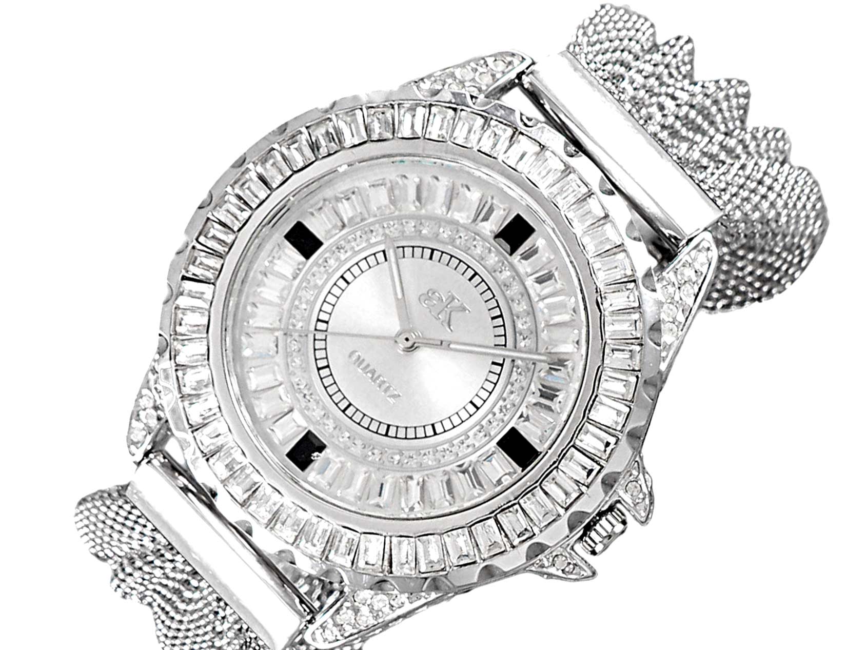 Adee Kaye MID-SIZE, Silvertone Meash-band , Sunray dial, 183pcs setting stone, AK2727-S, MSRP: $345.00