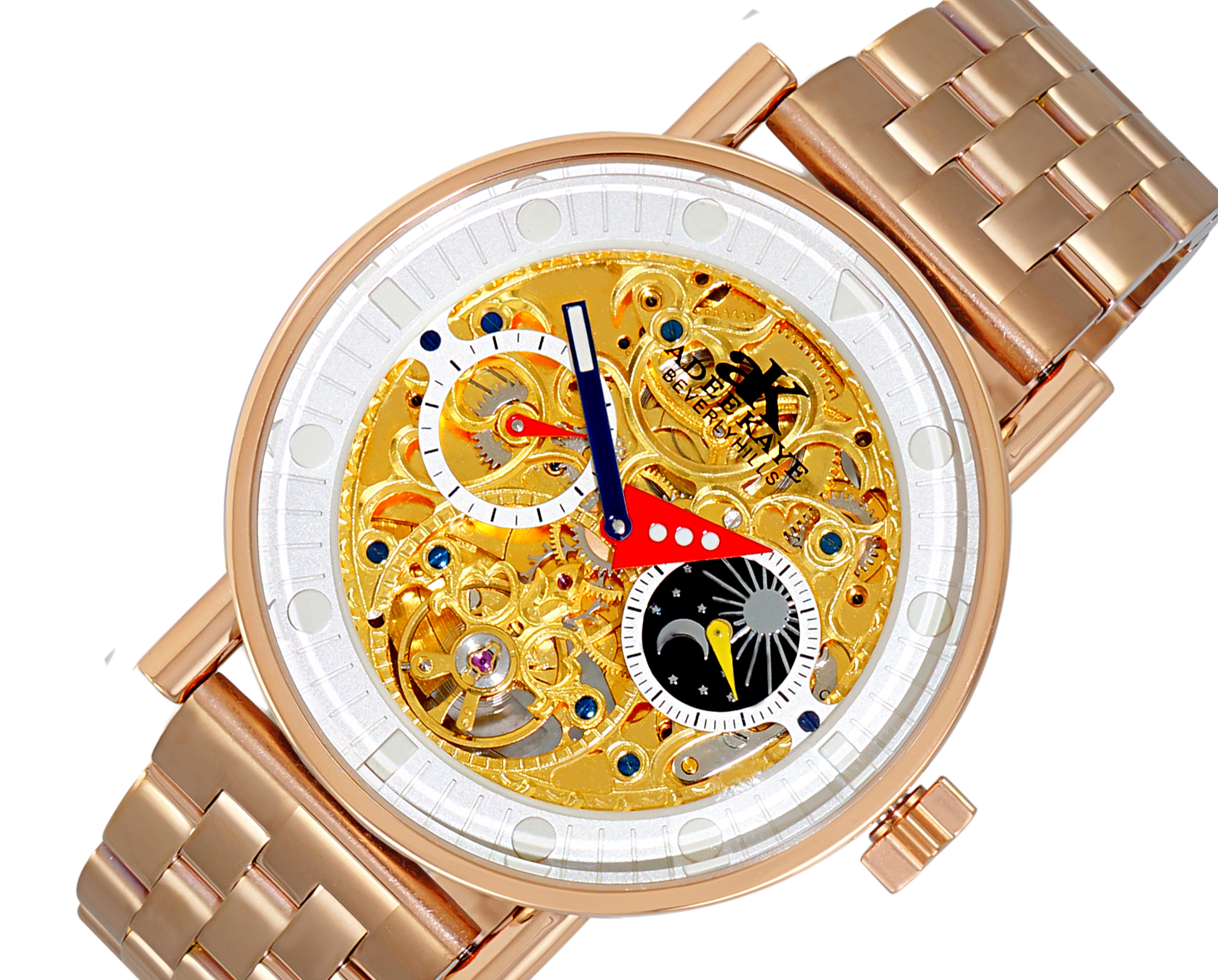 Adee Kaye Skeleton Automatic -21 Jewels Movement , Sun and Moon Phase, AK2266-40_RG, Retail at $750.00