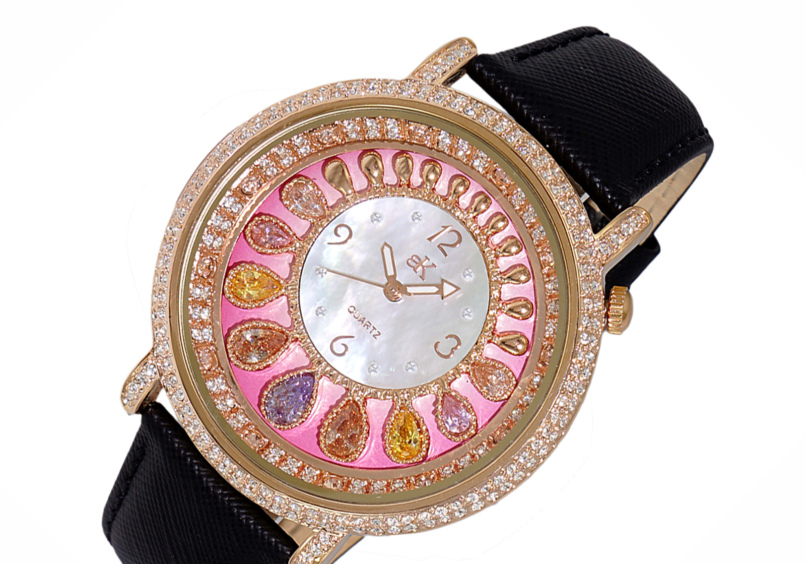 ADEE KAYE WATCHES, MULTI-COLOR STONES, MOTHER OF PEARL 3-HANDS PINK DIAL,ROSETONE  AK2112-LRG RETAIL AT (MSRP: 345.00)