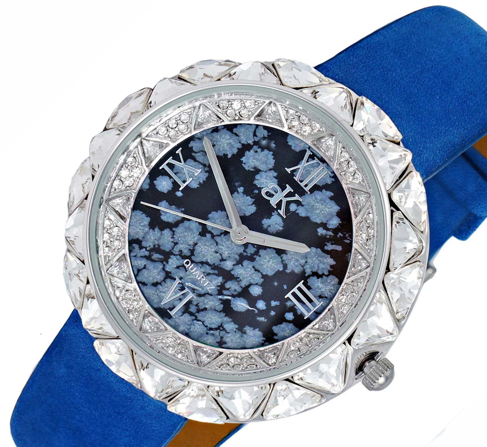 AUSTRIAN CRYSTAL ACCENT, GENUINE LEATHER BAND- BLUE SUEDE, AK9710-LBKBU, RETAIL AT (MSRP: $475.00)