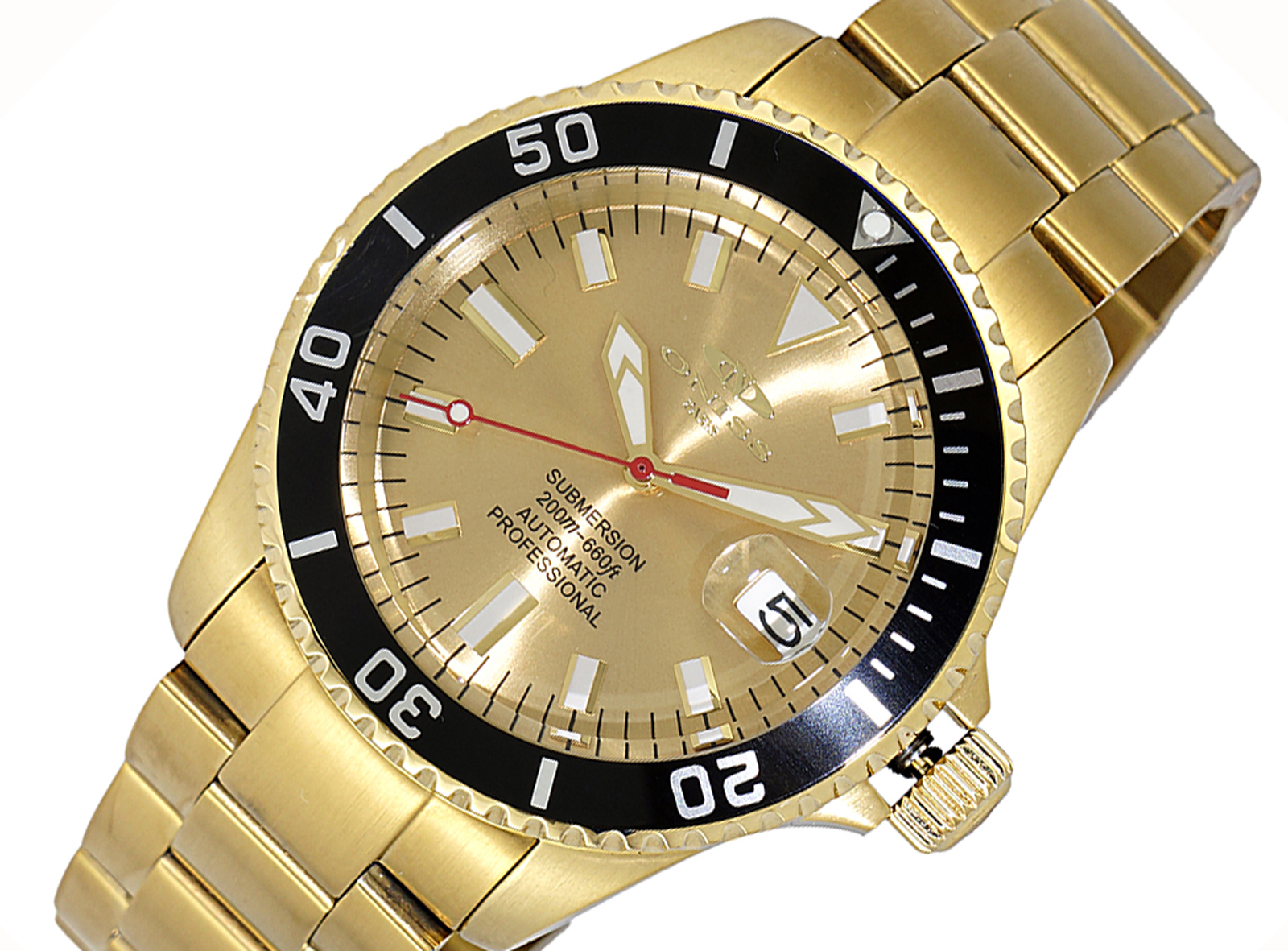 AUTOMATIC MOVEMENT 24 JEWELS, SUN RAY DATE GOLD TONE DIAL AND BLACK BEZEL, ON558866GG_BK