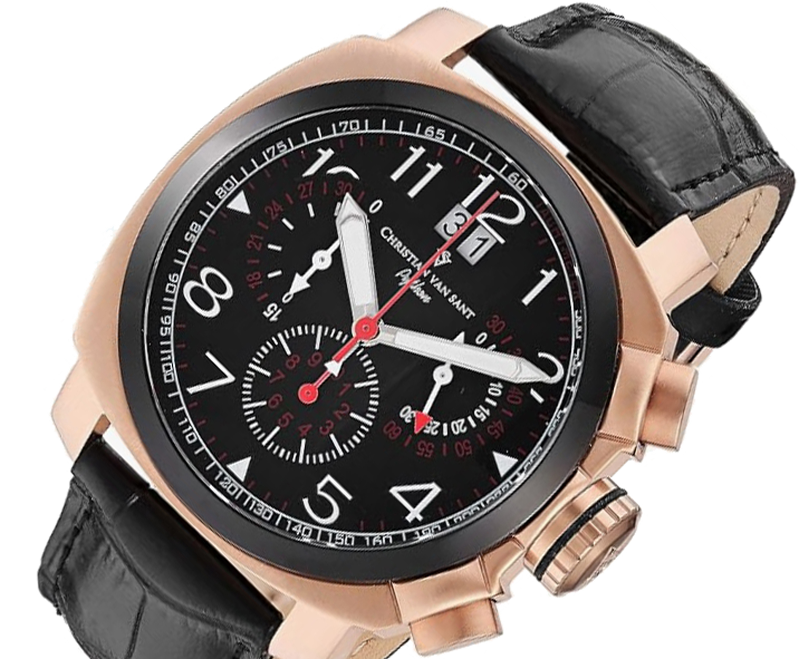 Christian Van Sant Watches, Men's Rose tone case, Black Dial, Leather strap, Black dial, Retail At (MSRP: $1,095.00)
