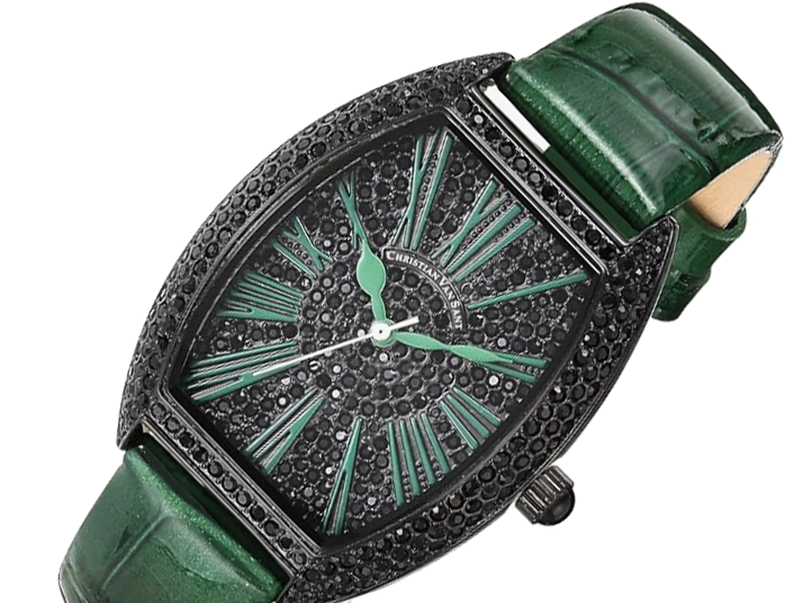 Christian Van Sant Watches, Women'sIP-Black tone w/ setting Stone, Leather strap, Black dial Retail at (MSRP: $750.00)