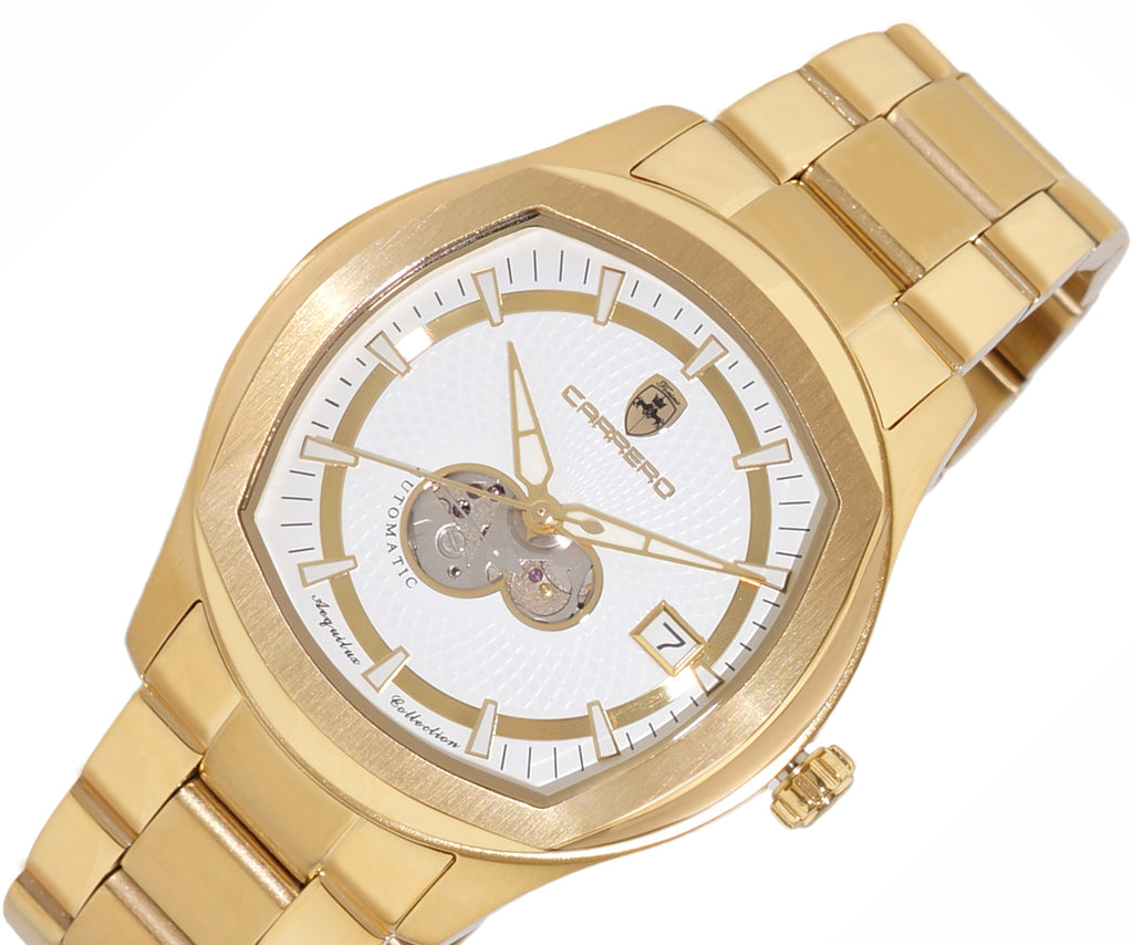 Lechateau  Automatic NH35A - 24 JEWELS, White Date Dial with Heart Beat, Exhibition Back, Goldtone, (MSRP: $2,268.00)