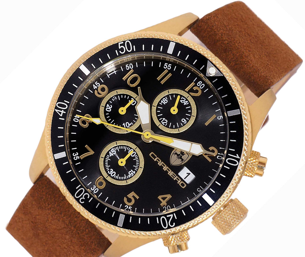 LeChateau - Chronograph Epson VR33 Muscle Movt ,Black dial and bezel,  Gold-tone Case, Brown Band ,  Retail at (MSRP:$1,788.00)