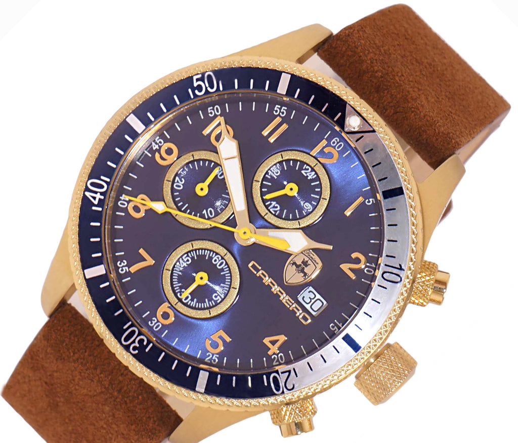 LeChateau - Chronograph Epson VR33 Muscle Movt, Blue- Blue-Silver bezel, Gold-tone and Brown Band ,  Retail at (MSRP:$1,788.00)