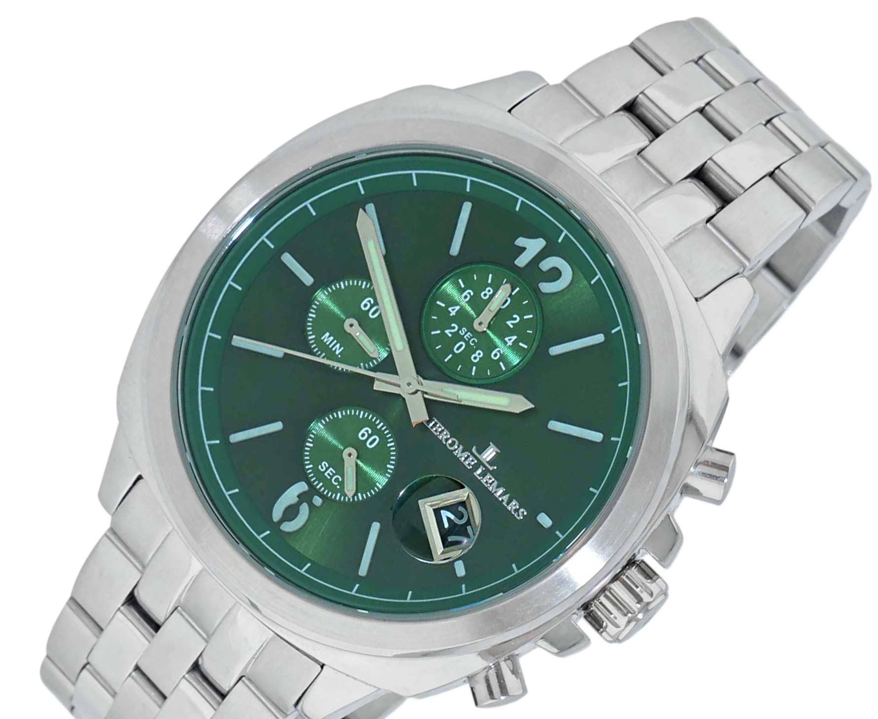 Lechateau,  Chronograph Mov't, Green 24-HR -Date Dial, Stainless Steel case and Band, (MSRP: $495.00)