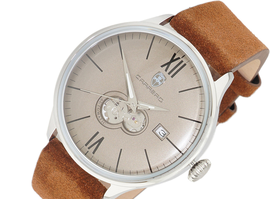 Lechateau, Men's 24-JEWELS AUTOMATIC, WITH HEART BEAT CURVE ASH GREY DIAL, BROWN GENUINE LEATHER BAND, (MSRP: $2,268.00)
