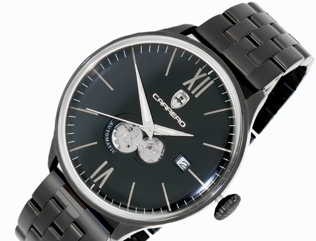 Lechateau, Men's 24-JEWELS AUTOMATIC, WITH HEART BEAT CURVE BLACK DIAL, BLACK-IP TONE CASE AND BAND (MSRP: $2,268.00)