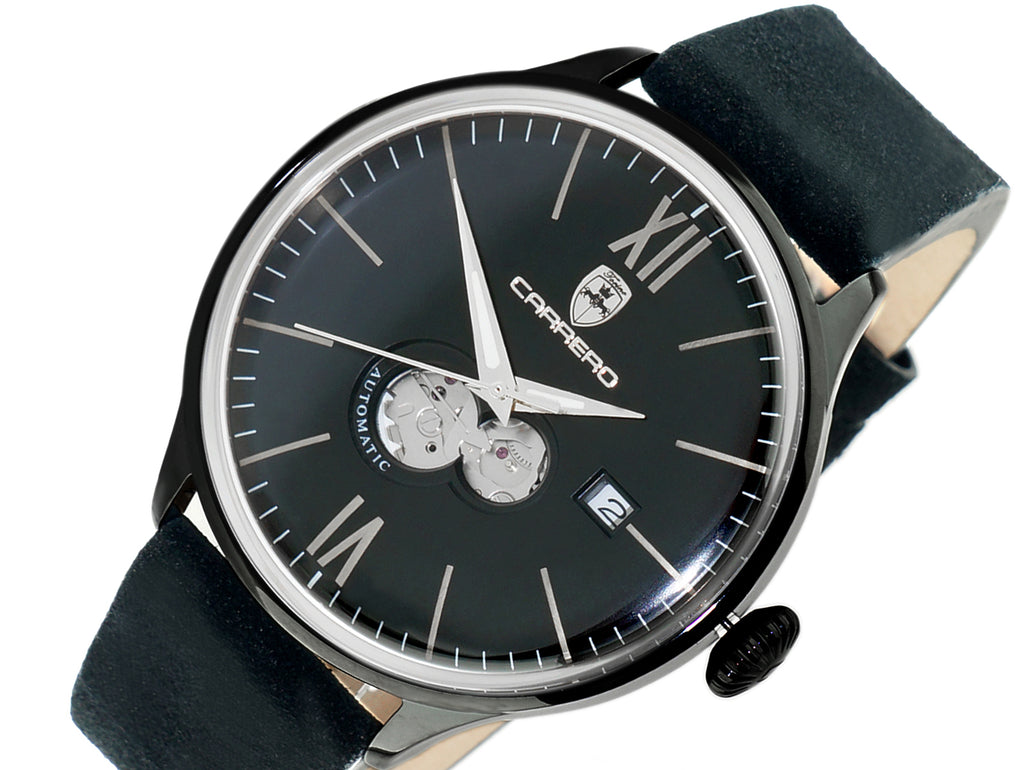 Lechateau, Men's 24-JEWELS AUTOMATIC, WITH HEART BEAT CURVE BLACK DIAL, BLACK-IP TONE, GENUINE LEATHER BAND, (MSRP: $2,268.00)