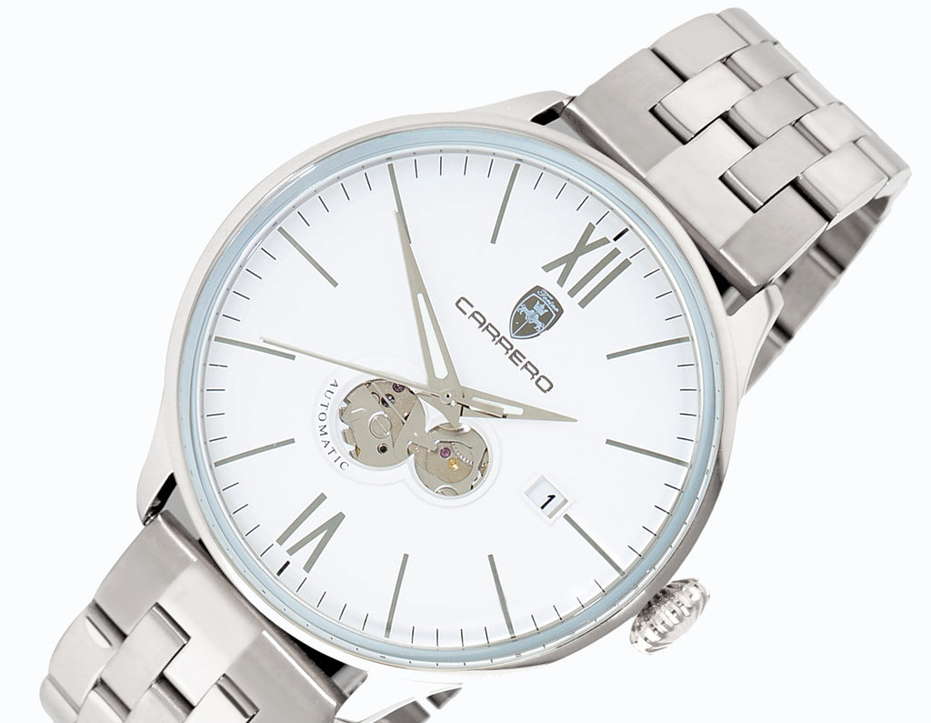 Lechateau, Men's 24-JEWELS AUTOMATIC, WITH HEART BEAT CURVE WHITE DIAL, SILVER TONE CASE AND BAND (MSRP: $2,268.00)