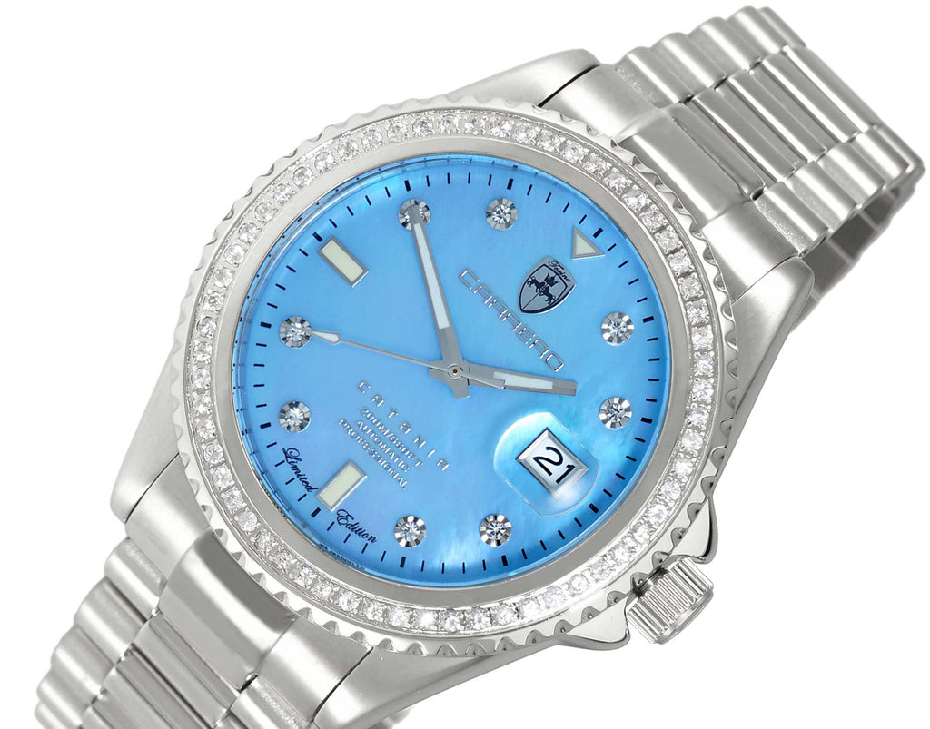 LeChateau Men's Automatic NH35-24 JEWEL, GENUINE SAPPHIRE STONES, BLUE MOP DIAL, (MSRP: $S2,868.00)