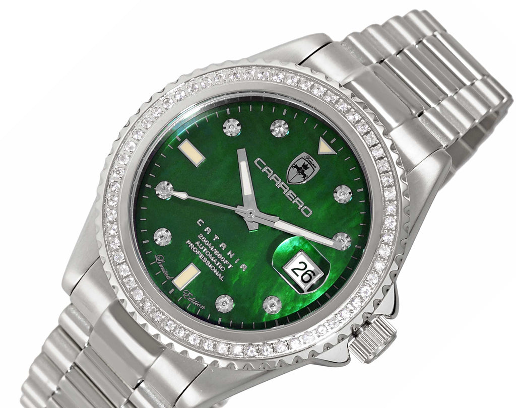 LeChateau Men's Automatic NH35-24 JEWEL, GENUINE SAPPHIRE STONES, GREEN MOP DIAL, (MSRP: $S2,868.00)