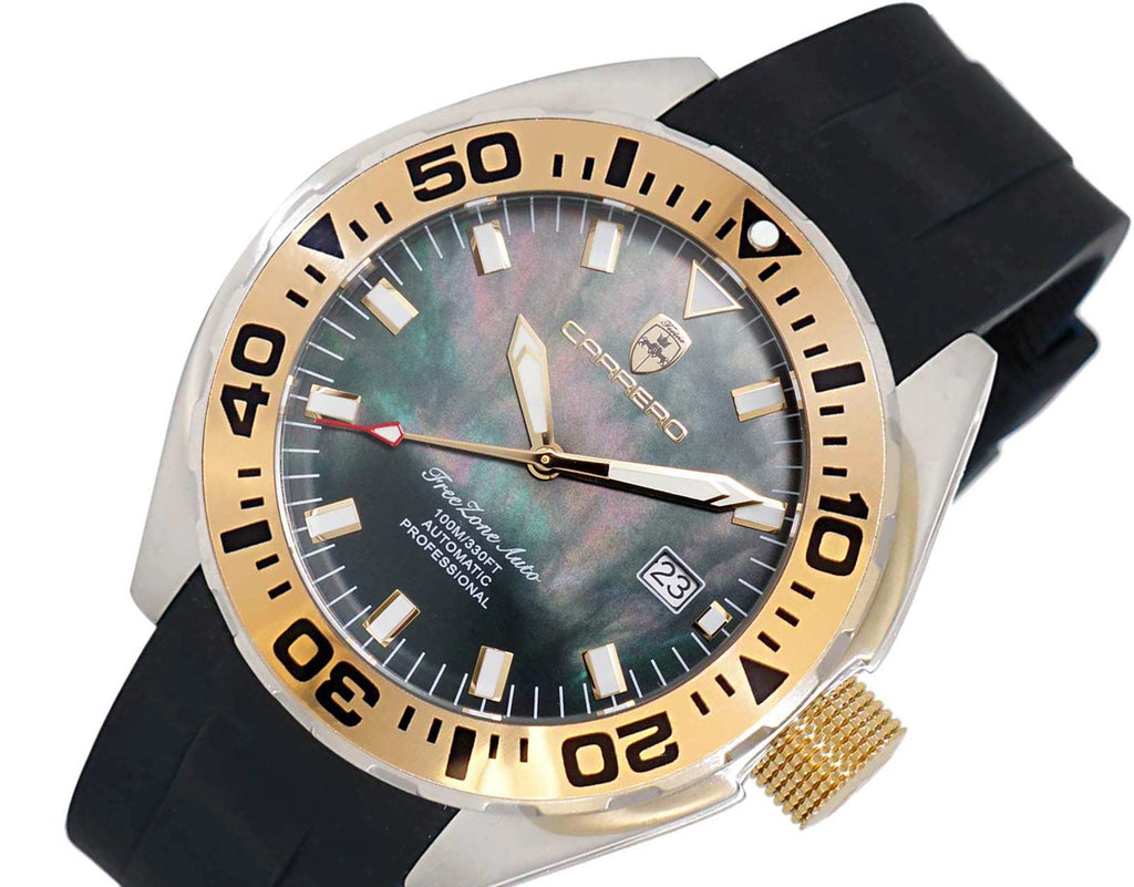 LeChateau, Men's Automatic NH35-24 JEWEL Mov't, Black MOP- Dial - Gold Bezel, Silicon Band,  C1G8925-BK - MSRP: $2,388.00