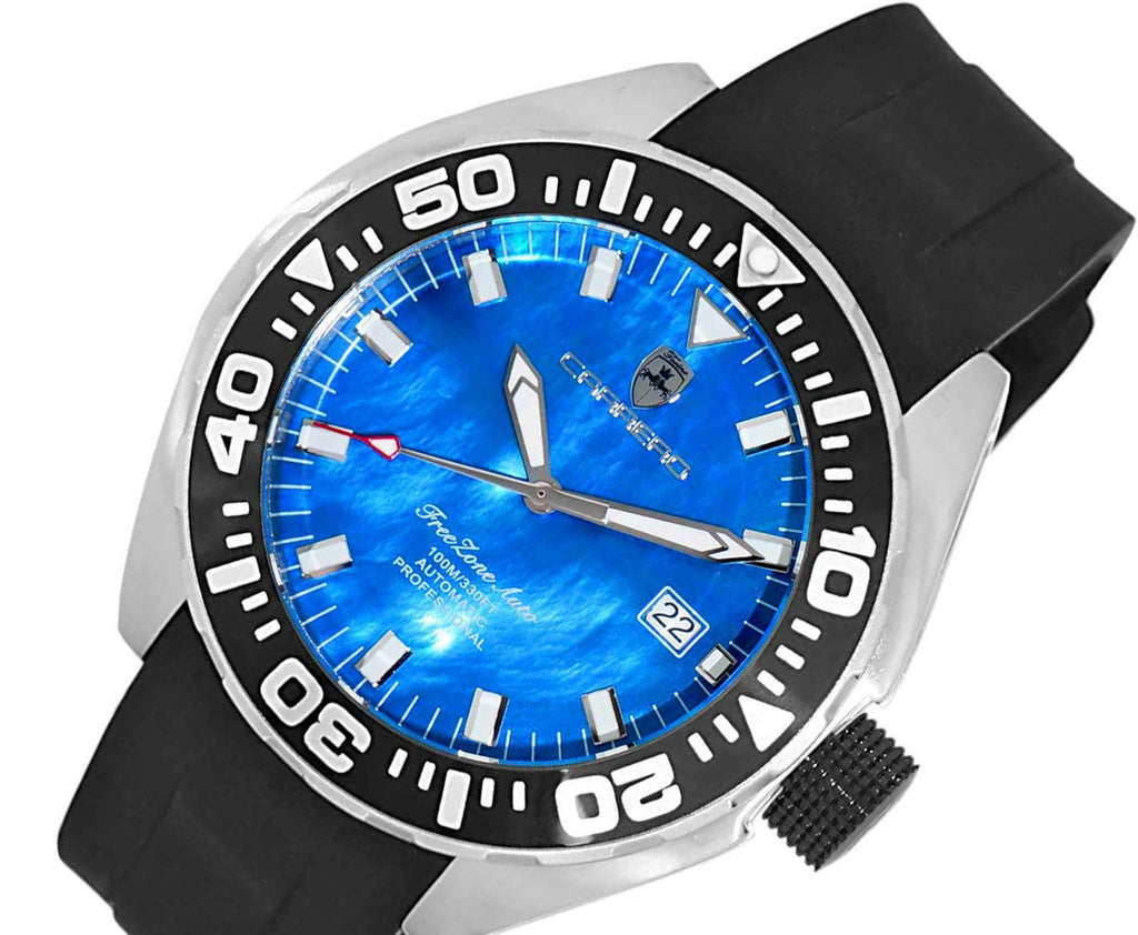 LeChateau, Men's Automatic NH35-24 JEWEL Mov't, Blue MOP- Dial - Black Bezel, Silicon Band,  C1S8925-BU - MSRP: $2,388.00