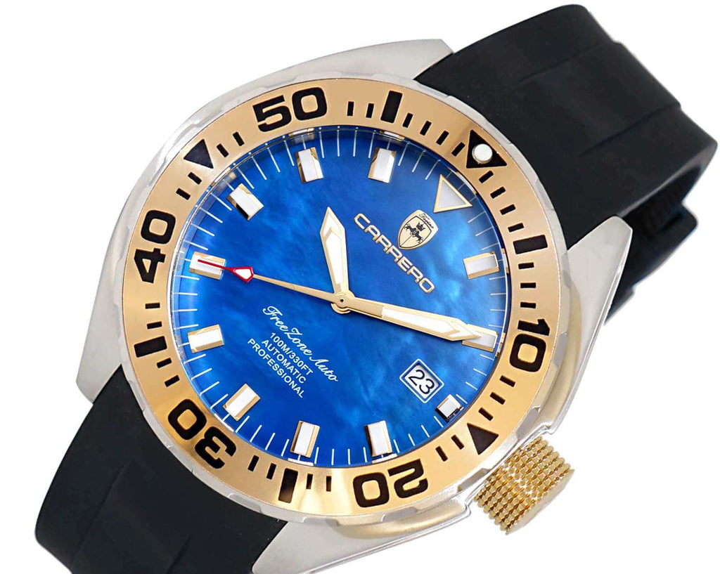 LeChateau, Men's Automatic NH35-24 JEWEL Mov't, Blue MOP- Dial - Gold Bezel, Silicon Band,  C1G8925-BU - MSRP: $2,388.00