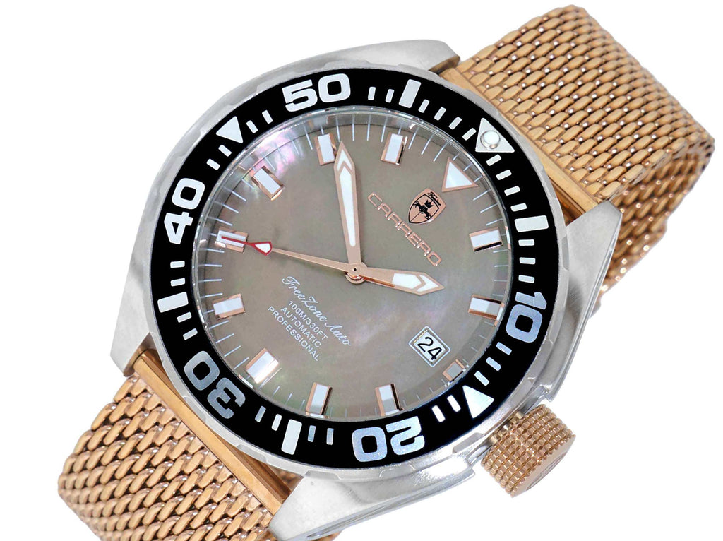 LeChateau, Men's Automatic NH35-24 JEWEL Mov't, Brown MOP- Dial - Black Bezel, Rosetone Mesh Band - (MSRP: $2,508.00)
