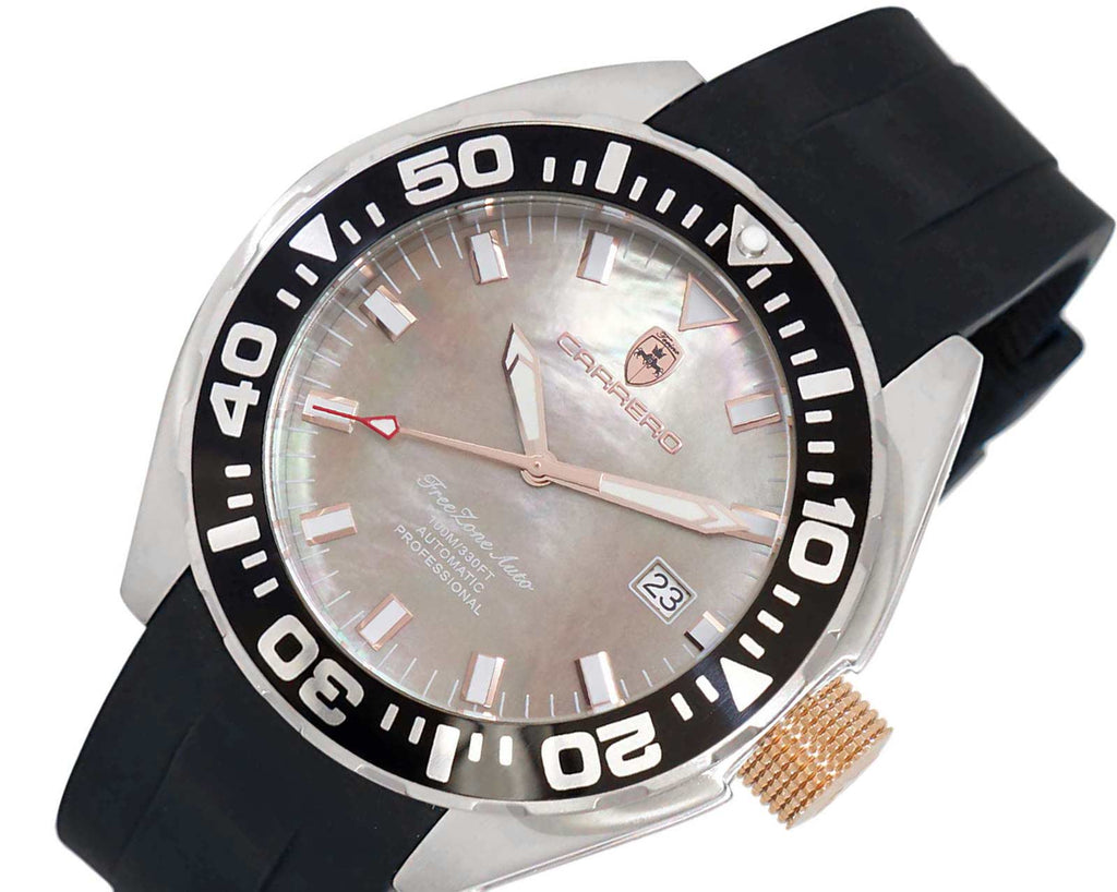 LeChateau, Men's Automatic NH35-24 JEWEL Mov't, Brown MOP- Dial - Black Bezel, Silicon Band,  C1R8925-BN - MSRP: $2,388.00