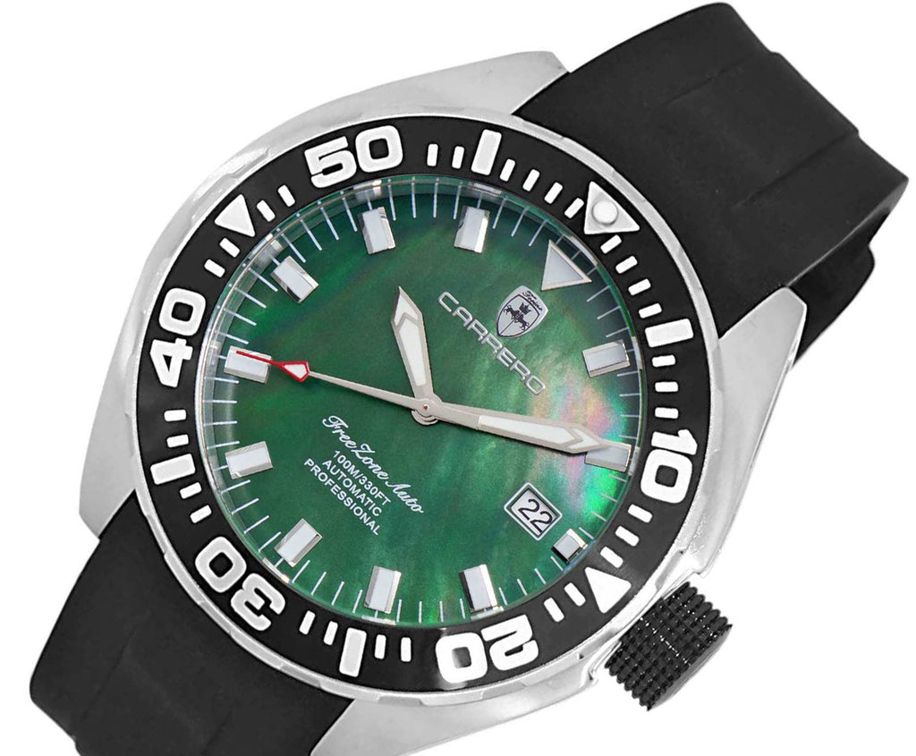 LeChateau, Men's Automatic NH35-24 JEWEL Mov't, Green MOP- Dial - Black Bezel, Silicon Band,  C1S8925-GN - MSRP: $2,388.00