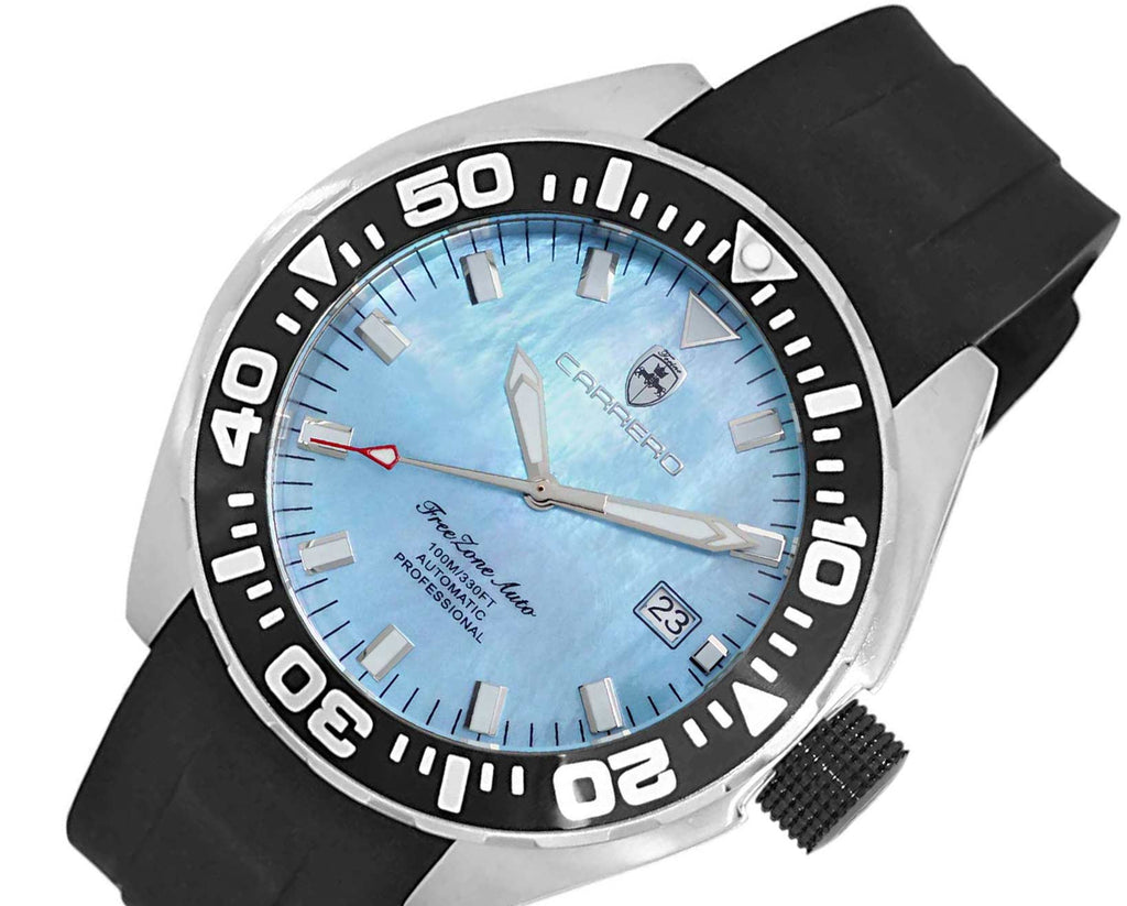LeChateau, Men's Automatic NH35-24 JEWEL Mov't, Light Blue MOP- Dial - Black Bezel, Silicon Band, ( MSRP: $2,388.00 )