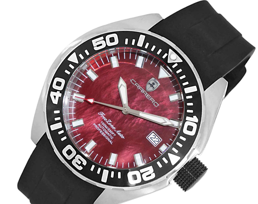 LeChateau, Men's Automatic NH35-24 JEWEL Mov't, Maroon MOP- Dial - Black Bezel, Silicon Band,  C1S8925-BN - MSRP: $2,388.00