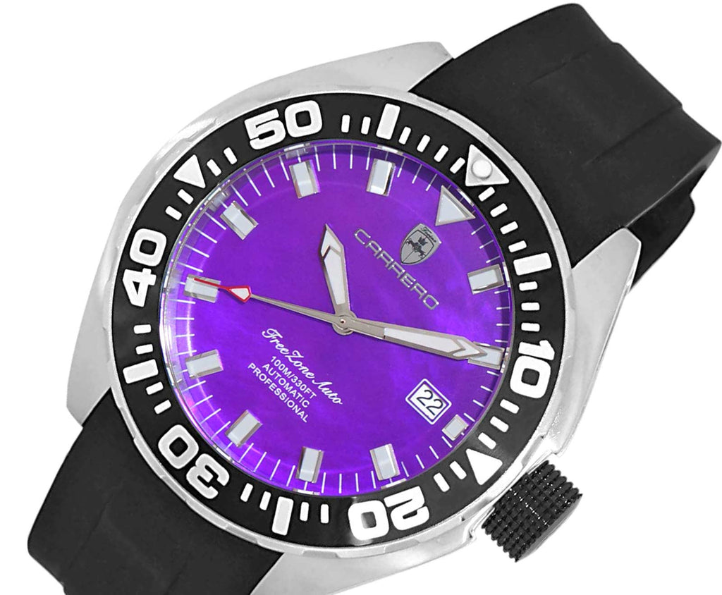 LeChateau, Men's Automatic NH35-24 JEWEL Mov't, Purple MOP- Dial - Black Bezel, Silicon Band,  C1S8925-PU - MSRP: $2,388.00