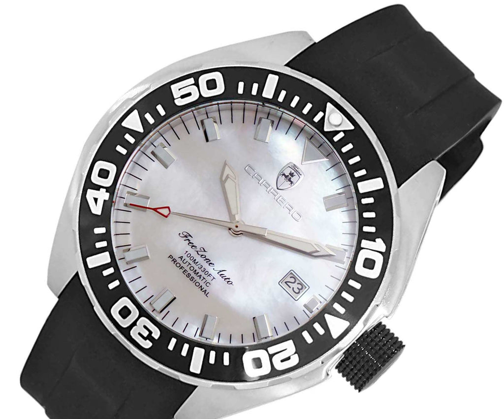 LeChateau, Men's Automatic NH35-24 JEWEL Mov't, White MOP- Dial - Black Bezel, Silicon Band,  C1S8925-WT - MSRP: $2,388.00
