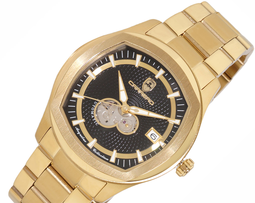 Lechateau Men's Automatic NH35A - 24 JEWELS, Black with Heart Beat, Goldtone, C1G1875-BK - Retail At (MSRP: $2,268.00)