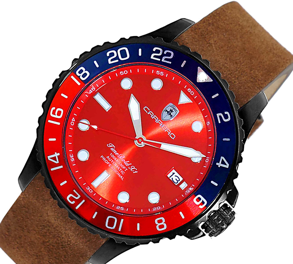 LeChateau, Men's  NH35 AUTOMATIC MOVEMENT, 10 ATM, IP-BLACK - BLUE/RED, BROWN BAND,  C1B737BU-MR_LBN - MSRP:  $2,340.00