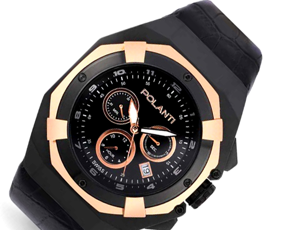 Lechateau Men's- Polanti Valiant -Swiss Chronograph, Black-IP-Rose tone, Black Dial, PLV-2900RG-BK,  MSRP: $1,995.00)