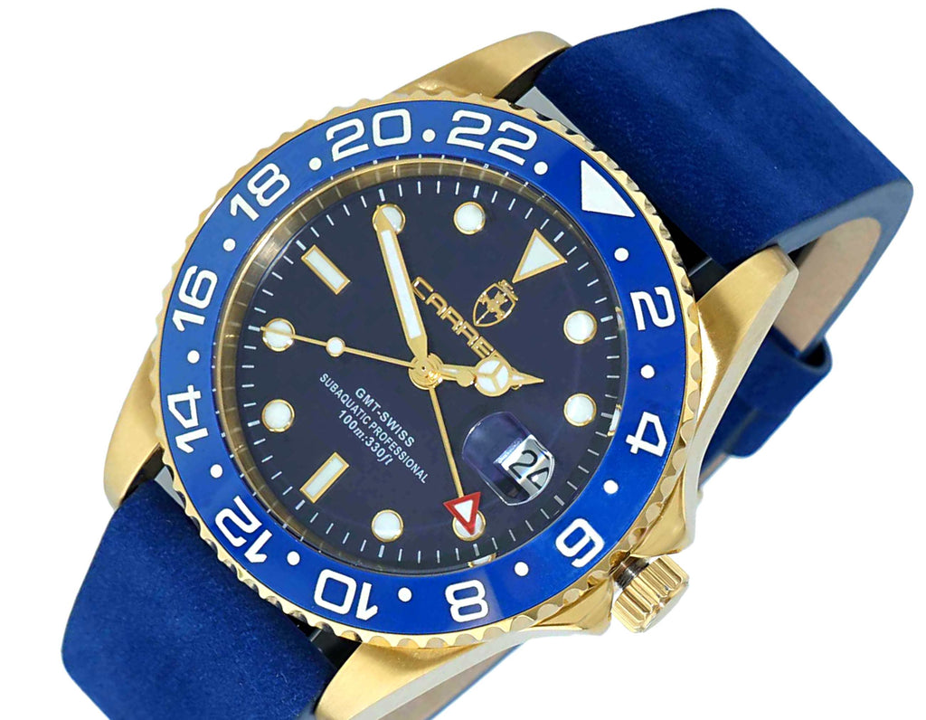 Lechateau, Men's Swiss Movement Blue Date- Dial, Bezel and Strap with Magnifying Glass, Gold tone  (MSRP: $2,148.00)