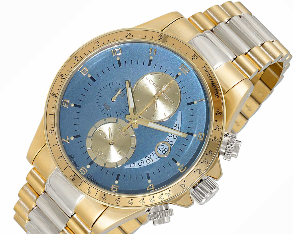 Lechateau Mens, Swiss-Ronda Chronograph Mov't, 2- Told Gold, Blue -Date Dial, C2T101UBU - MSRP: $2,468.00