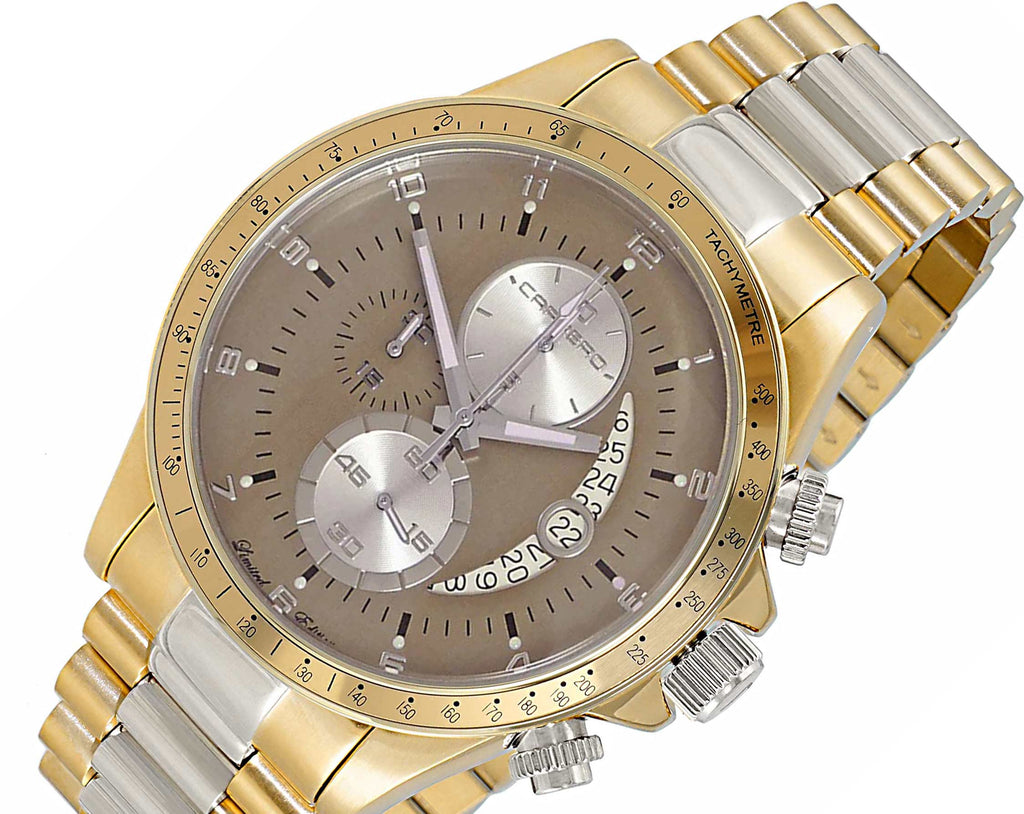 Lechateau Mens, Swiss-Ronda Chronograph Mov't, 2- Told Gold, Brown -Silver - Date Dial, C2T101LBU_BN- MSRP: $2,468.00