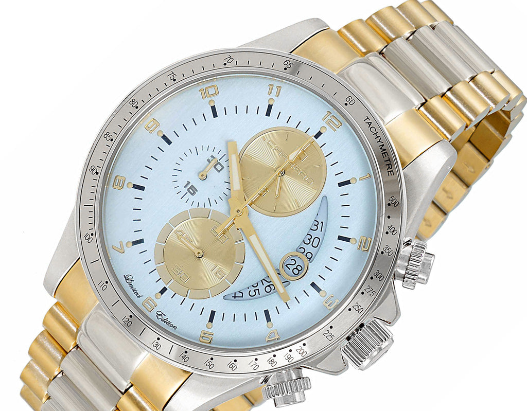 Lechateau Mens, Swiss-Ronda Chronograph Mov't, 2- Told Gold, Light Blue -Date Dial, C1SS101LBN-BU_TT - MSRP: $2,468.00