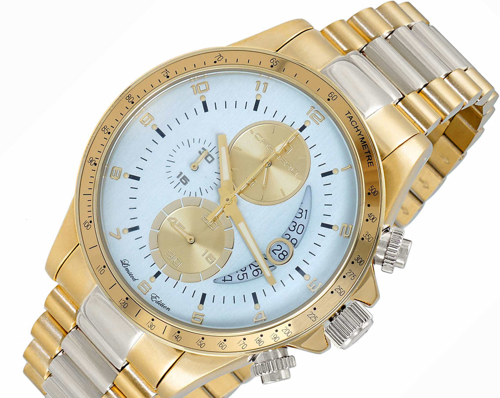 Lechateau Mens, Swiss-Ronda Chronograph Mov't, 2- Told Gold, Light Blue -Date Dial, C2T101LBU - MSRP: $2,468.00