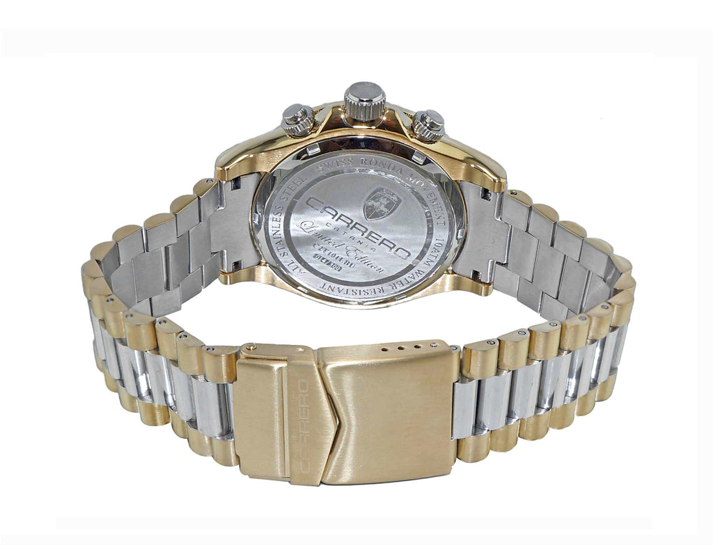 Lechateau Mens, Swiss-Ronda Chronograph Mov't, 2- Told Gold, Light Blue -Date Dial, C2T101LBU - MSRP: $2,468.00