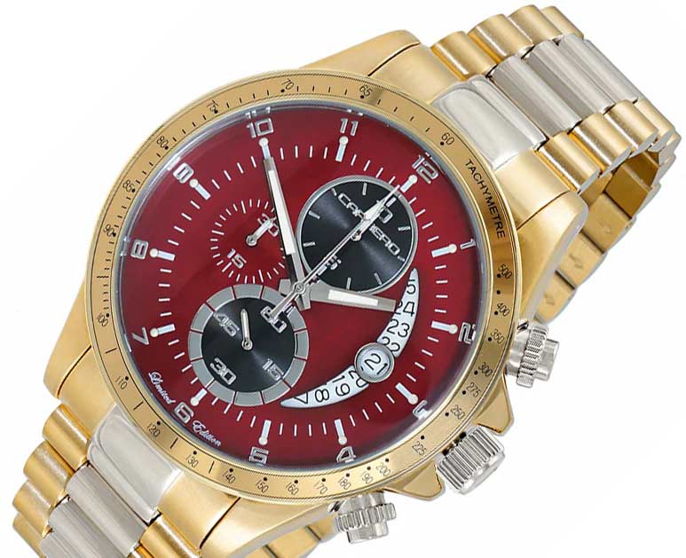Lechateau Mens, Swiss-Ronda Chronograph Mov't, 2- Told Gold, Maroon -Black - Date Dial, C2T101YL_BRD - MSRP: $2,468.00