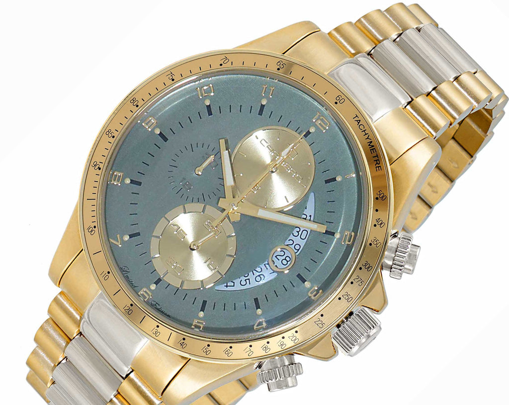 Lechateau Mens, Swiss-Ronda Chronograph Mov't, 2- Told Gold, Teal Green - Date Dial, C2T101LGN - MSRP: $2,468.00