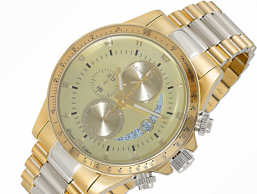 Lechateau Mens, Swiss-Ronda Chronograph Mov't, 2- Told Gold, Yellow - Date Dial, C2T101LYL - MSRP: $2,468.00