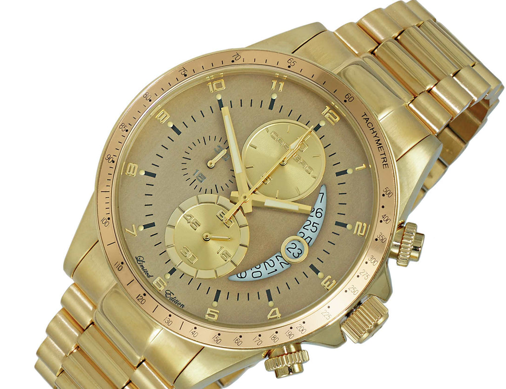 Lechateau Mens, Swiss-Ronda Chronograph Mov't, Light Brown -Date Dial,Gold tone, MSRP: $2,468.00