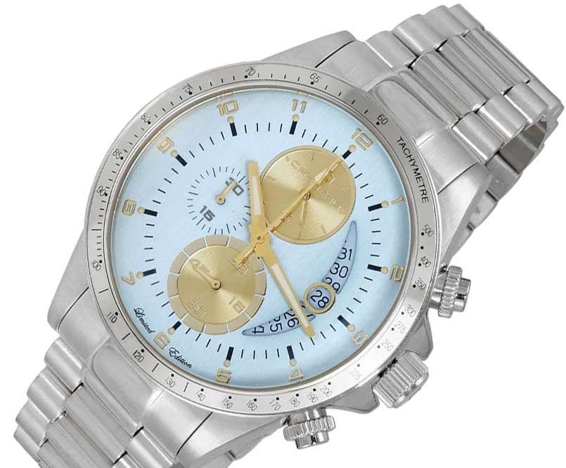 Lechateau Mens, Swiss-Ronda Chronograph Mov't, Light-Blue - Date Dial,Goldtone Sub-Dial , CISS101LBN_GBU - MSRP: $2,468.00