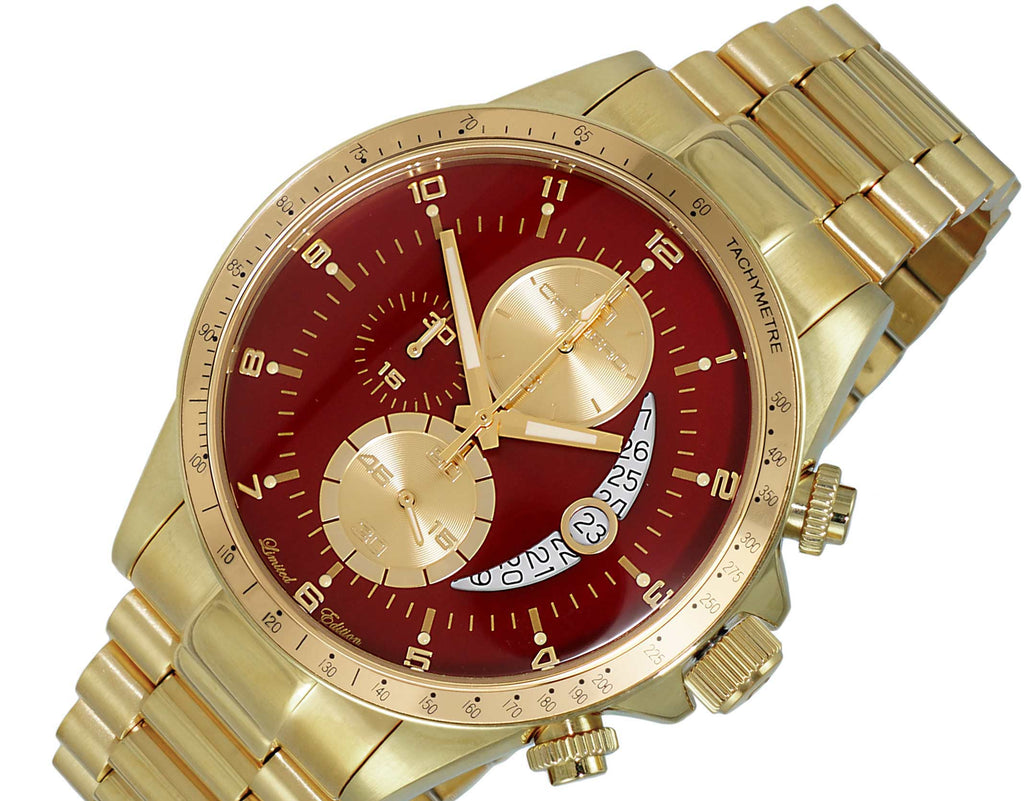 Lechateau Mens, Swiss-Ronda Chronograph Mov't, Maroon - Date Dial,Gold tone, MSRP: $2,468.00