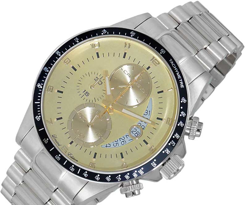 Lechateau Mens, Swiss-Ronda Chronograph Mov't, Yellow - Goldtone - Date Dial,Black bezel, C1SBK101BRD_GYL - MSRP: $2,468.00