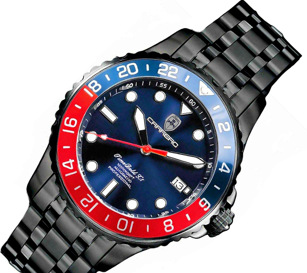 LeChateau, Men's TIME BOLD- X1 COLLECTION, NH35 AUTOMATIC MOVEMENT, 10 ATM, IP-BLACK - BLUE/RED, MSRP:  $2,340.00