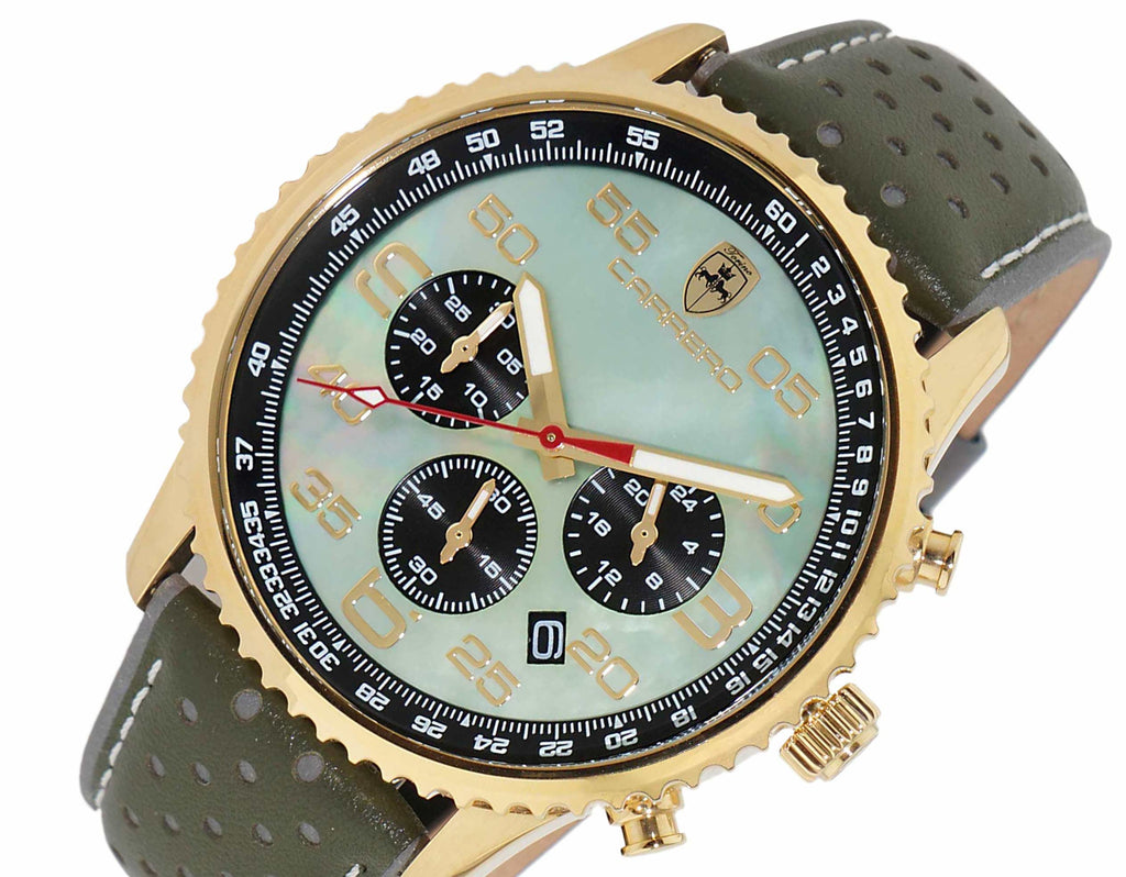 Lechateau Men's VR32 Chronograph Mov't, Mint Green MOP Dial, Olive Green Genuine Leather Band, (MSRP: $2,148.00)