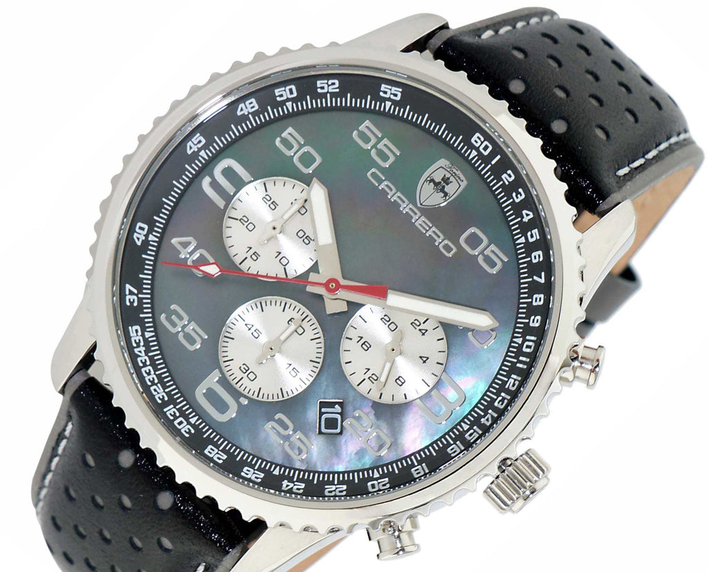 Lechateau Men's VR32 Movement Chronograph Mov't, Black MOP Dial, Black Genuine Leather Band, (MSRP: $2,148.00)