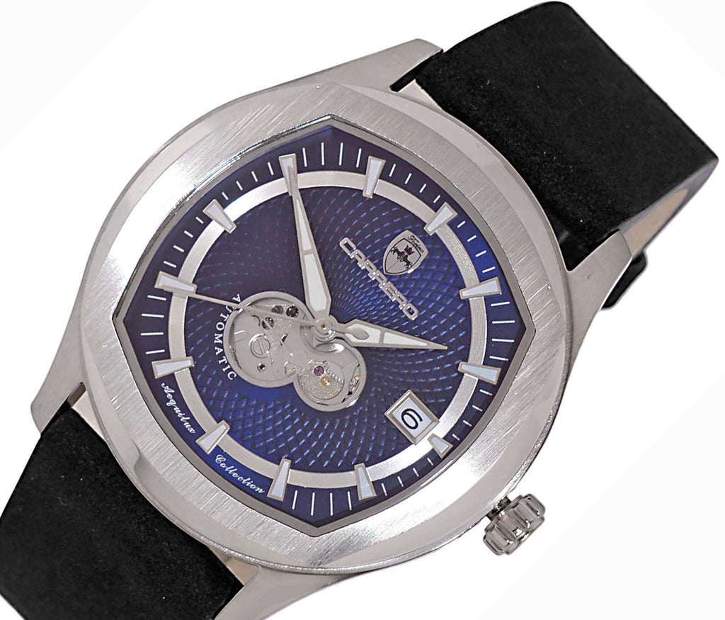 LECHATEAU, MEN'S WATCH, 24-JEWELS AUTOMATIC, HEART BEAT BLUE DIAL, BLACK-SUED LEATHER BAND, (MSRP: $2,388.00)