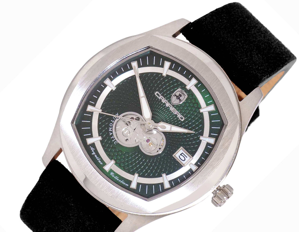 LECHATEAU, MEN'S WATCH, 24-JEWELS AUTOMATIC, HEART BEAT GREEN DIAL, BLACK-SUED LEATHER BAND, (MSRP: $2,388.00)