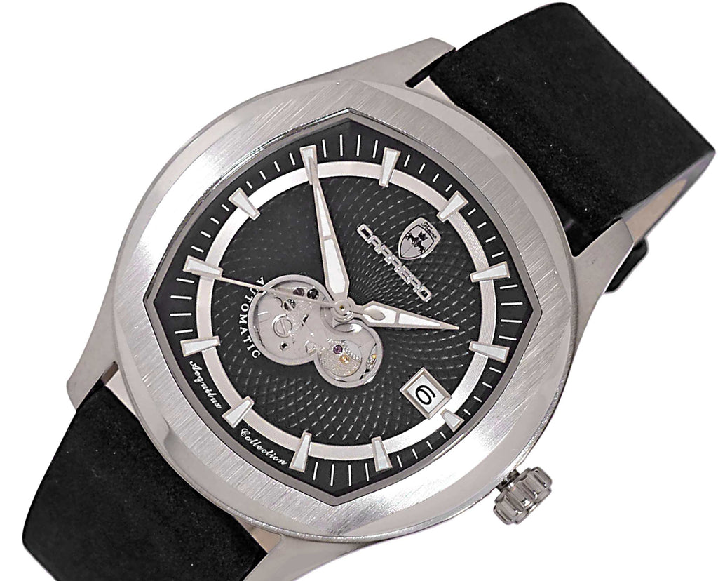 LECHATEAU, MEN'S WATCH, 24-JEWELS AUTOMATIC, WITH HEART BEAT BLACK DIAL, BLACK-SUED LEATHER BAND, (MSRP: $2,388.00)